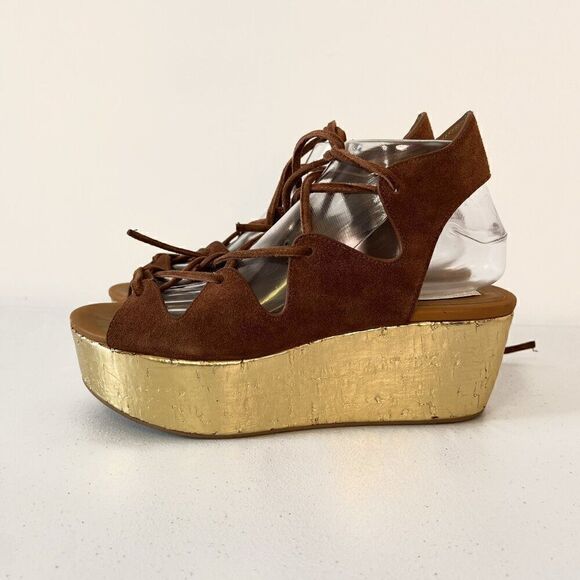 See by Chloe Liana Brown Suede Gold Platform Lace Up Sandals - Picture 5 of 8